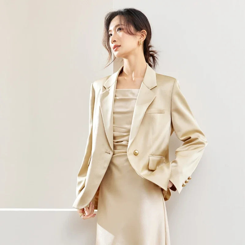 SENTUBILA Satin Blazer Notched Tailored Suit Jacket