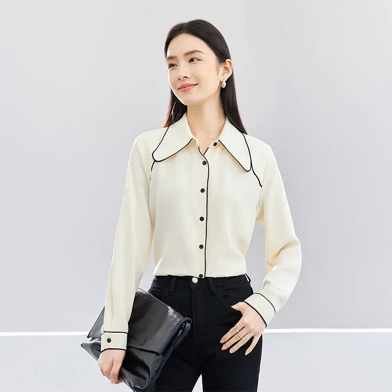 SENTUBILA Fashion Contrast Polo Collar Shirt Elegant Button Up Blouse