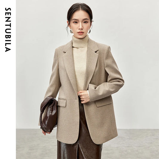 SENTUBILA Winter Formal Wool Blazer Notched Collar Single Button