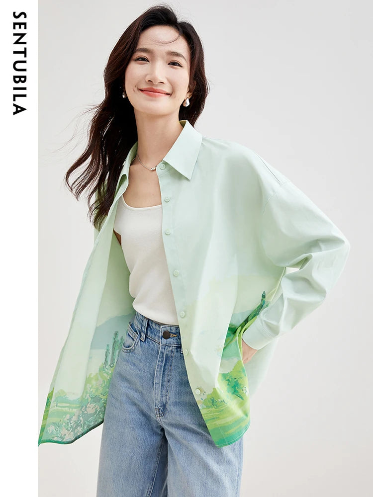 SENTUBILA Contrast Printed Fashion Shirts Casual Loose Fit Drop Sleeve Button Up Blouse