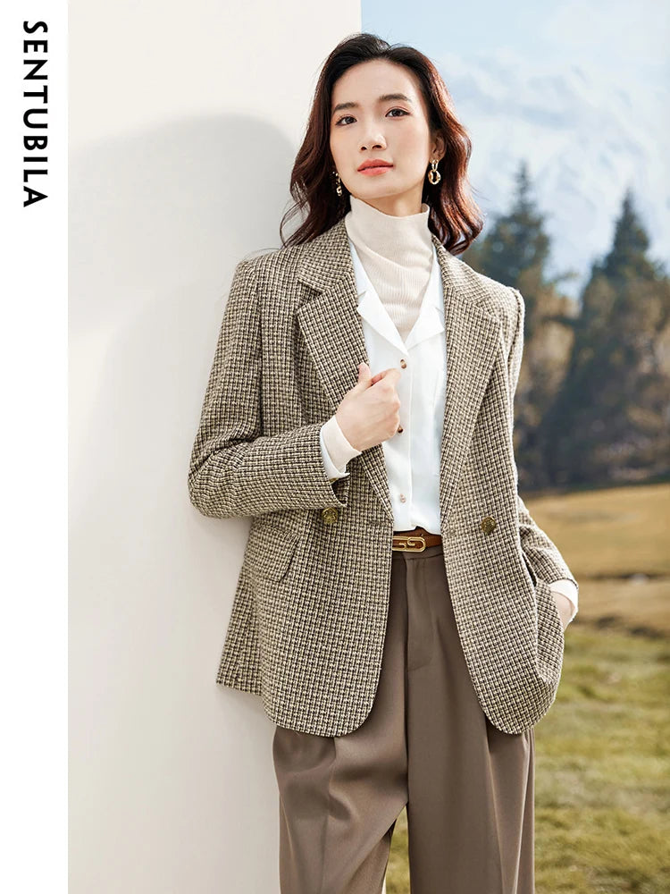 SENTUBILA Vintage Plaid Blazer Women Straight Tailored Coat