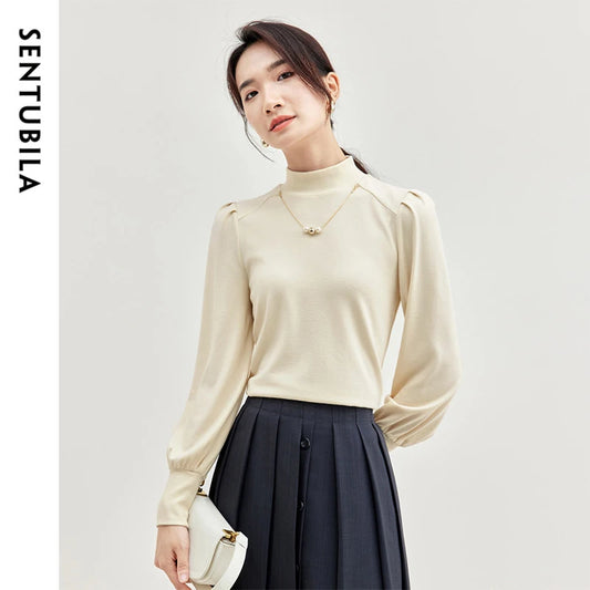 SENTUBILA Cotton Knit Slim Fit Pullover 2025 Spring Hight Collar Pearl Chain Lanter Sleeve