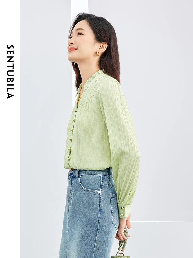 SENTUBILA Button Up Blouse Light Green Elegant Stand Collar