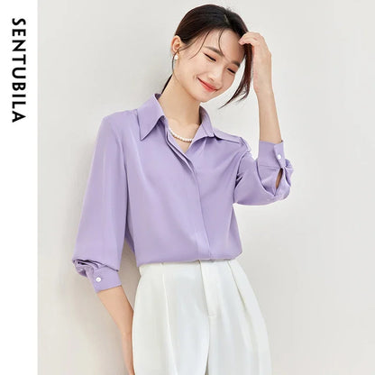 SENTUBILA Solid Office Blouse Chiffon Polo Neck Elegant Pearl Chain