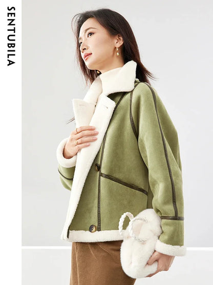 SENTUBILA Faux Fur Jackets Elegant Turn-down Collar Warm Short Coat