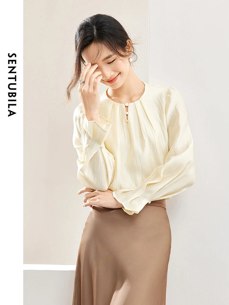 SENTUBILA Elegant Fashion Chiffon Blouse Round Neck Shirt Long Puff Sleeve