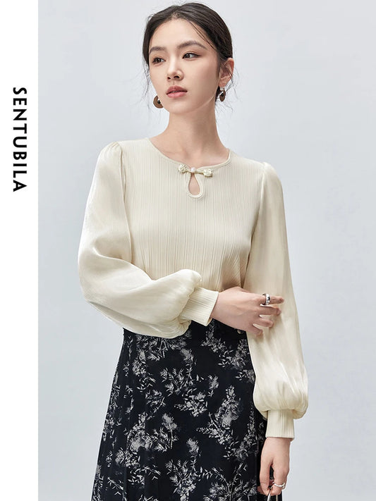 SENTUBILA Hollow Out U Collar Blouse Women 2024 Autumn Chiffon Casual patchwork Lantern Sleeve Elegant Pullover Shirt