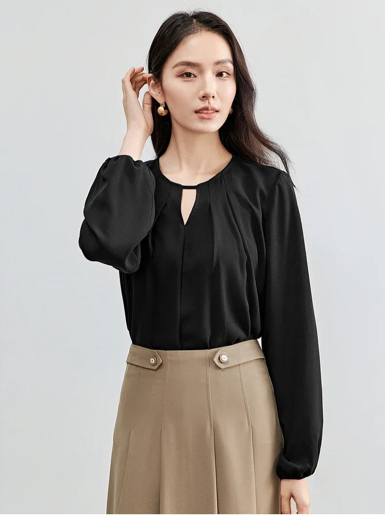 SENTUBILA Hollow-out Blouses French Style Chiffon Crew Neck Folds Lantern