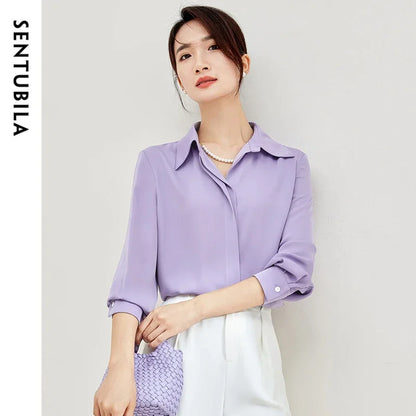 SENTUBILA Solid Office Blouse Chiffon Polo Neck Elegant Pearl Chain