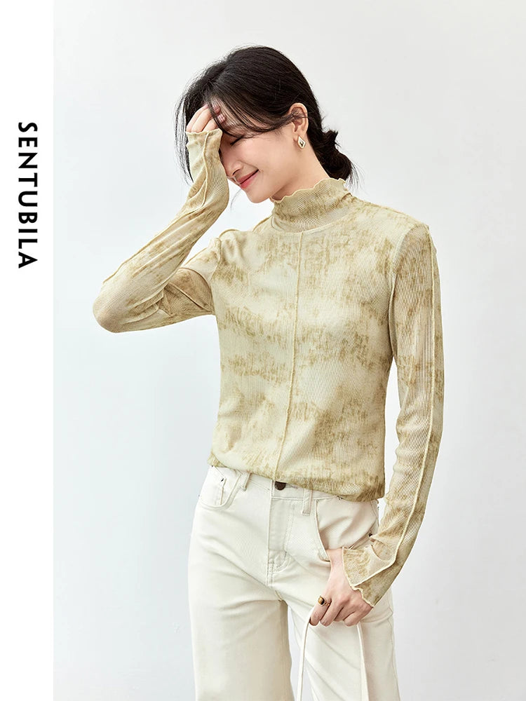 SENTUBILA Women Print Lace Knitted Turtleneck Long Sleeve Knit Top