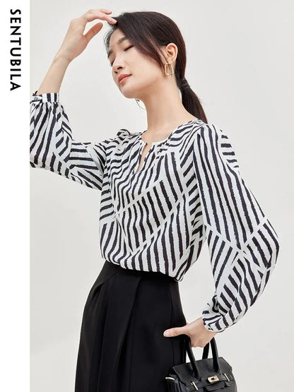 SENTUBILA Women Elegant Print Chiffon Blouses Striped Round Neck Puff Sleeve