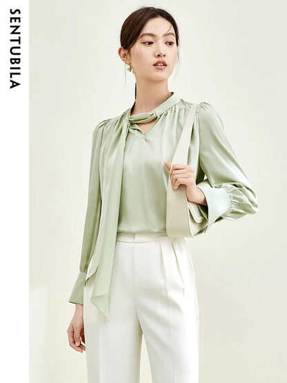 SENTUBILA Bow Tie Shirts & Blouses Elegant Chiffon Blouse V Neck