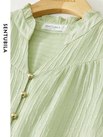 SENTUBILA Button Up Blouse Light Green Elegant Stand Collar