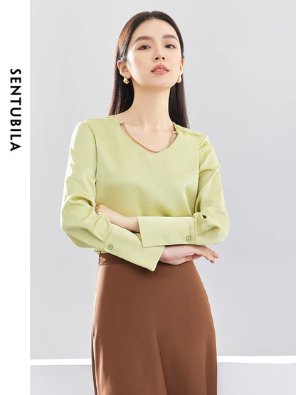 SENTUBILA Green Satin Blouse Elegant Chain V Neck Long Sleeve Simple