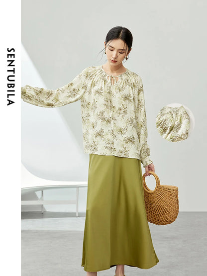 SENTUBILA Lace-up Round Neck Floral Shirt Elegant Printed Blouse