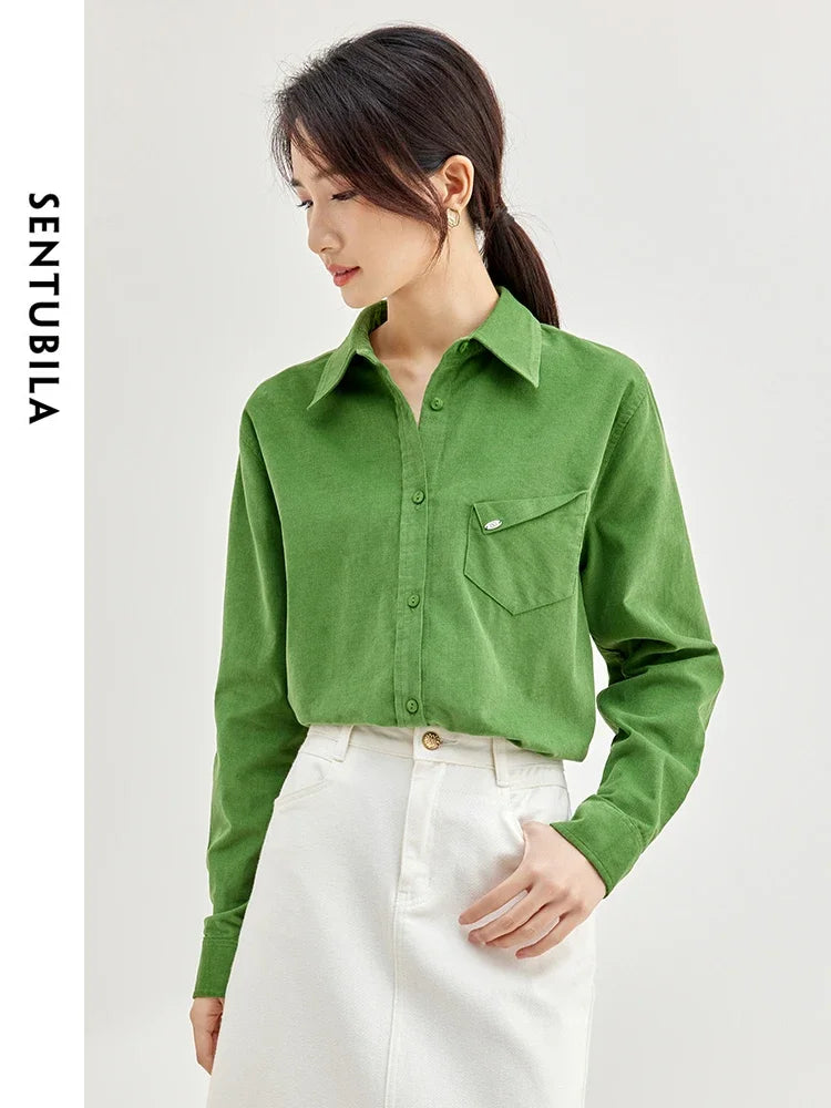 SENTUBILA Cotton Corduroy Shirt Lapel Single Breasted Green Loose Blouse