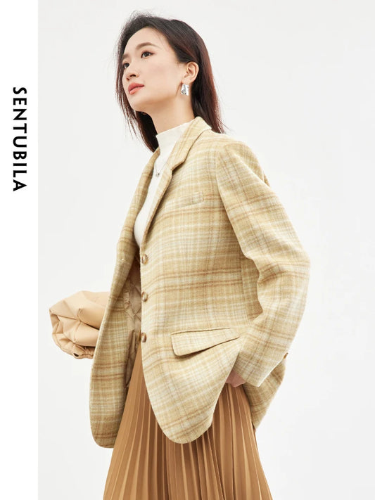 SENTUBILA Plaid Woolen Tailored Coat Female Blazer