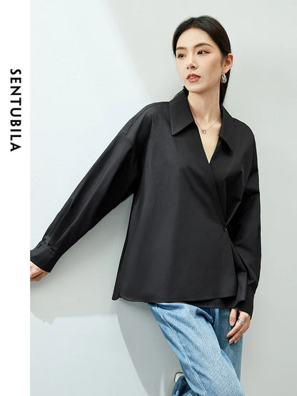 SENTUBILA V-neck Soft Cotton 100% Loose Black Drop Sleeve Button Up Asymmetric Blouse