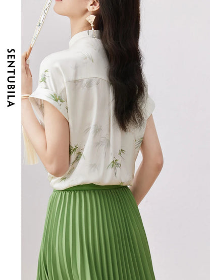 SENTUBILA Chinese Style Comfort Stand Collar Floral Summer Straight Button Up Elegant Blouses