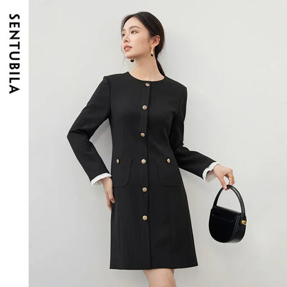 SENTUBILA Spliced Mini Black Buttons Front Long Sleeve Fitted Evening Dress