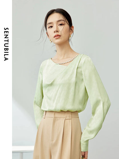 SENTUBILA Green Letter Jacquard Chiffon Blouse