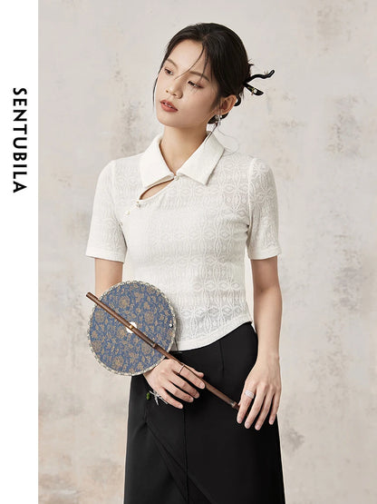 SENTUBILA White Hollow Out Slim Cropped Lace Summer Chinese Style Polo Collar Split Short Sleeve Blouse