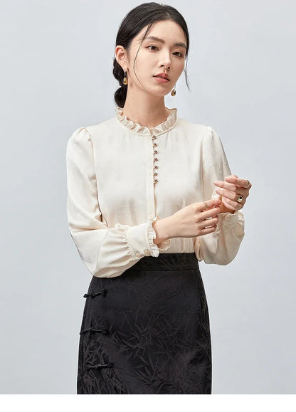 SENTUBILA Elegant Jacquard Shirt Chiffon Ruffles Sleeve Single Breasted Blouses