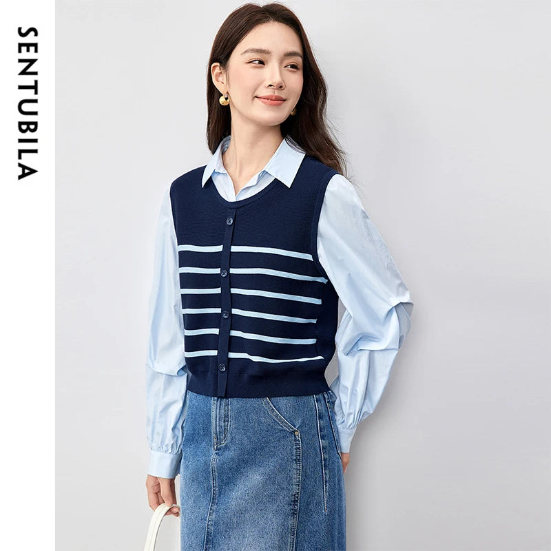 SENTUBILA Patchwork 2 in 1 Blouse 2025 Spring Fashion Spliced Striped Folds Drop Sleeve Chic