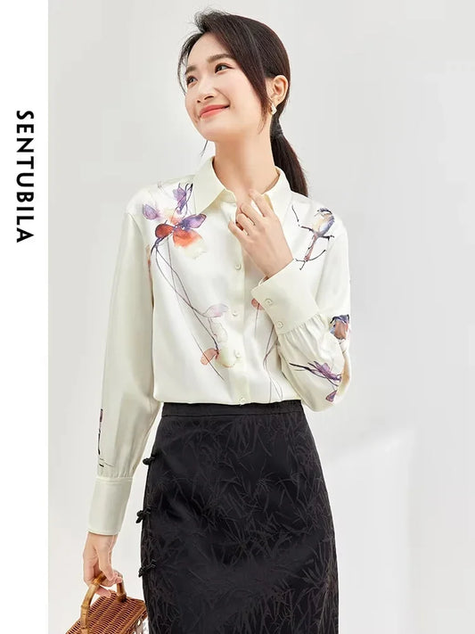 SENTUBILA Satin Blouse Button Up Loose Long Sleeve Shirt Polo Neck Chinese Style Print