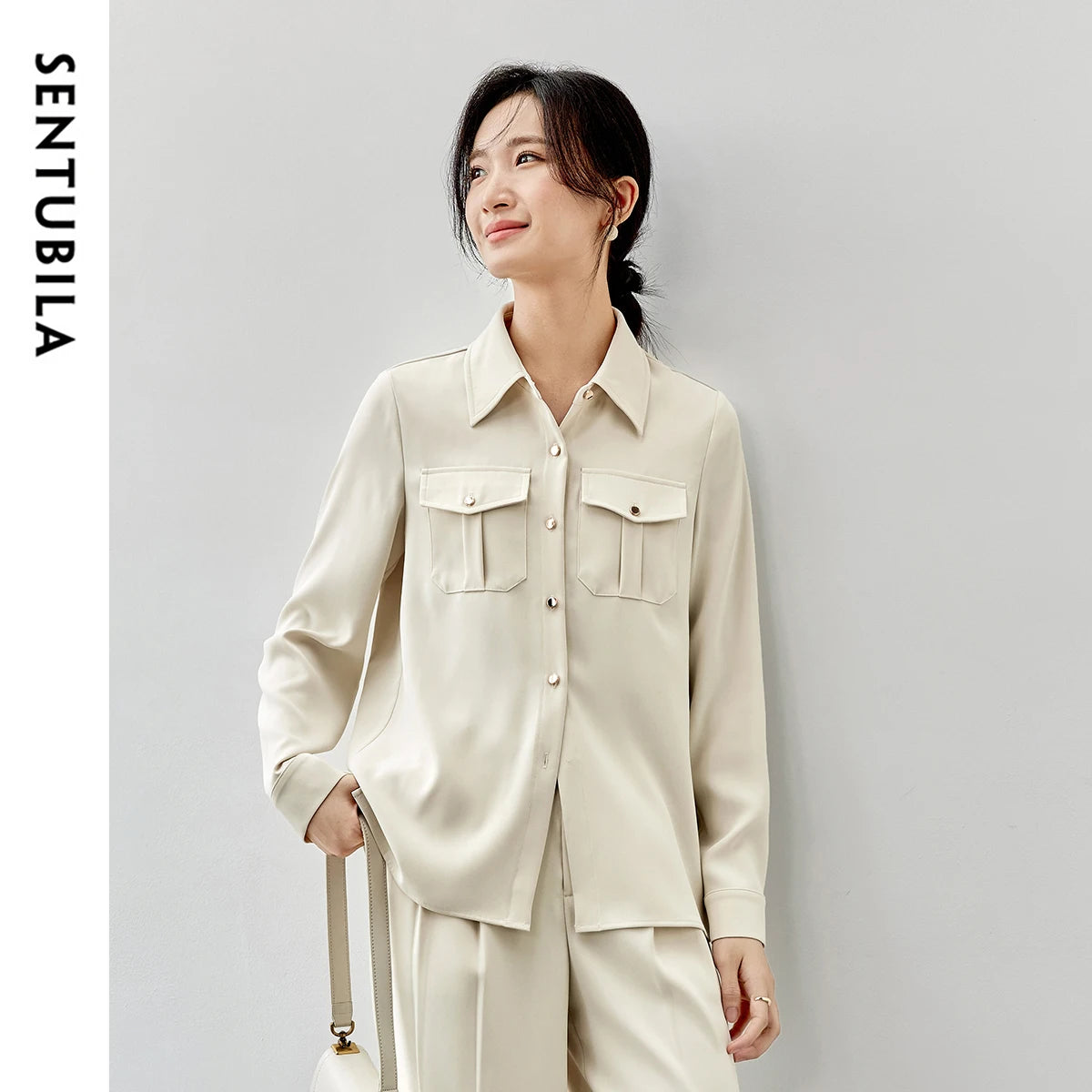 SENTUBILA Casual Loose Shirt New Spring 2025 Turn Down Collar Metal Button