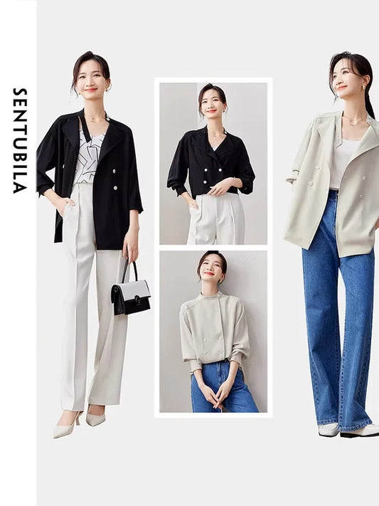 SENTUBILA Double Breasted Blazer/Loose Fit Shacket Chic And Elegant Woman Long Sleeve Shirt