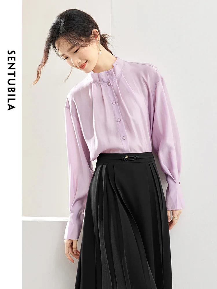 SENTUBILA Stand Collar Elegant Lyocell Shirt Spring Loose Petal Sleeve Button Up Woman Blouses Long Sleeves