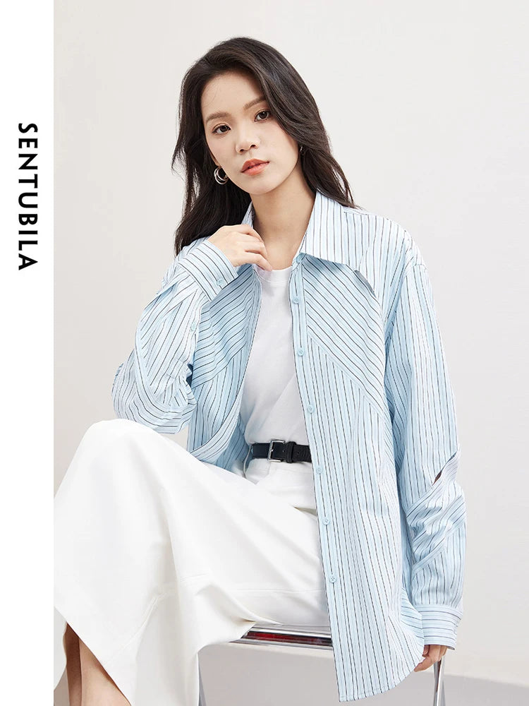 SENTUBILA Irregular Striped Blouse Hollow Out Casual Button Up Polo Collar