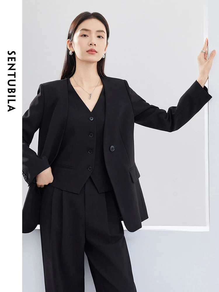 SENTUBILA 3-Piece Suit Office Workwear Outfits Black Waistcoat Blazer Wide Leg Pants Set