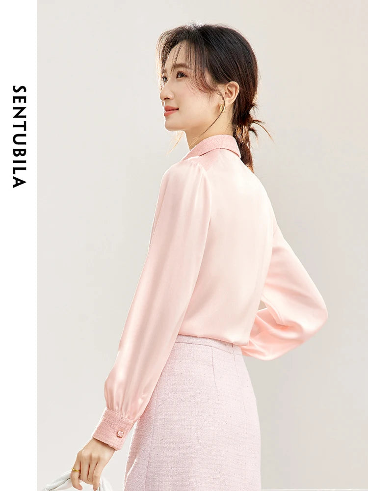 SENTUBILA Spliced Lace-up Bow Pink Blouse Elegant Long Sleeve