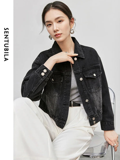 SENTUBILA Vintage Black Denim Jacket Drop Sleeve Short Denim Coat