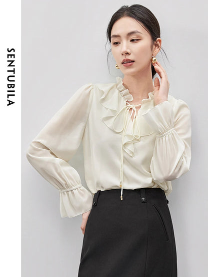 SENTUBILA Ruffled Collar Lace-up Bow Shirt