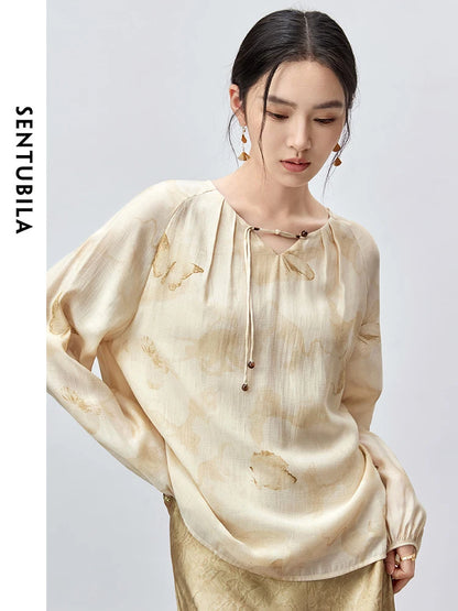 SENTUBILA Chinese Style Chiffon Blouse Casual Loose Butterfly Print Puff Sleeve Elegant