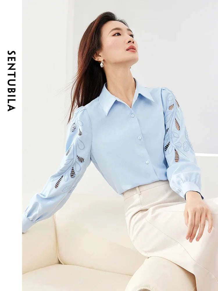 SENTUBILA Hollow Out Embroidery Blue Shirt for Office Elegant Lapel Single Breasted Blouse