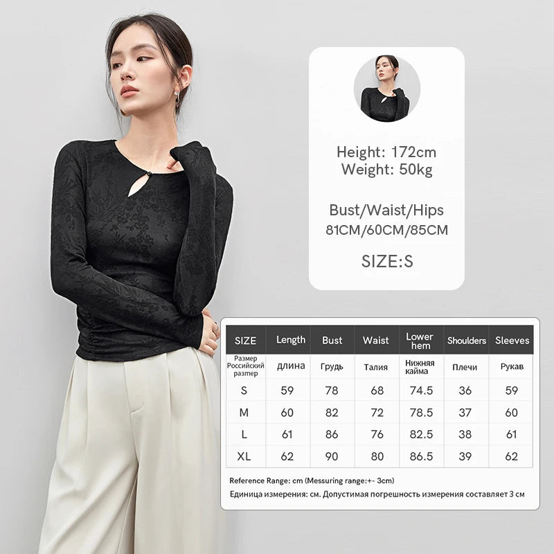 SENTUBILA Jacquard Hollow Out Lace T-shirt Chinese Style Elegant O Neck Long Sleeve Folds Pullover