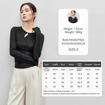 SENTUBILA Jacquard Hollow Out Lace T-shirt Chinese Style Elegant O Neck Long Sleeve Folds Pullover