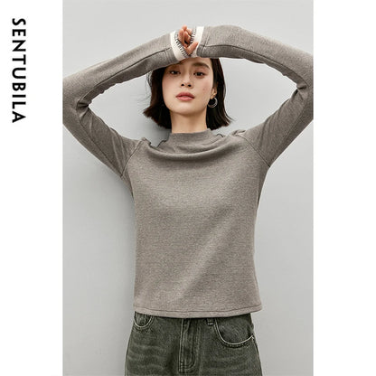 SENTUBILA Cotton Patchwork New Knitted Casual Half High Collar Pullover