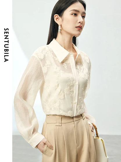 SENTUBILA Embroidery Button Up Shirts & Blouse Apricot Elegant Thin Long Sleeve