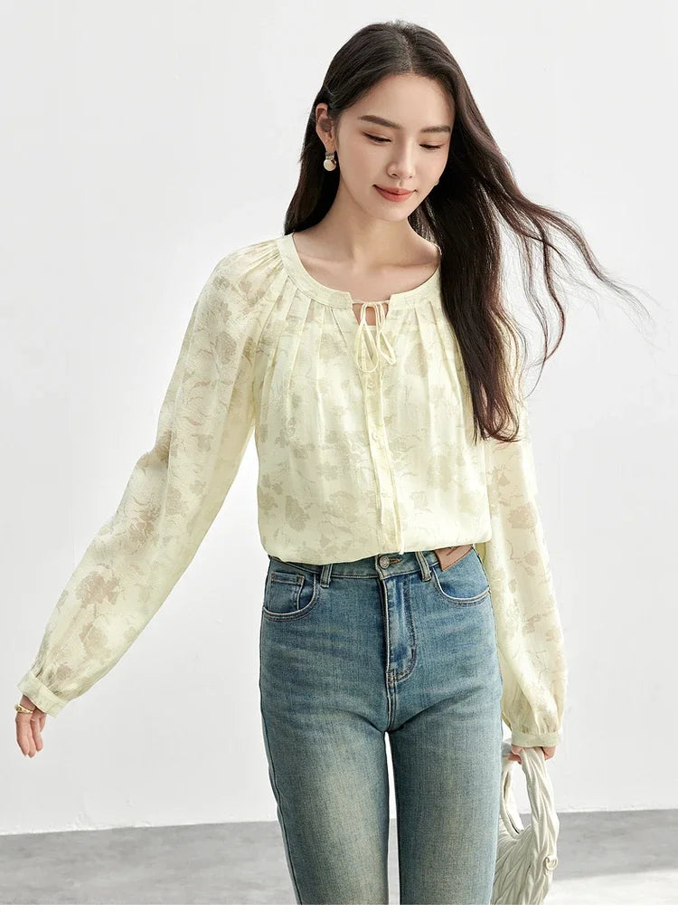 SENTUBILA Printing Women Blouse Hollow-out Lace-up O Collar Lantern Sleeve