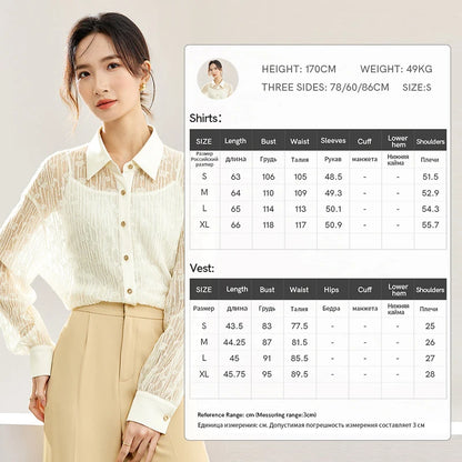 SENTUBILA Jacquard Lace Shirts 2-Piece Set Elegant Long Sleeve Tops Button Up Shirts Camisole