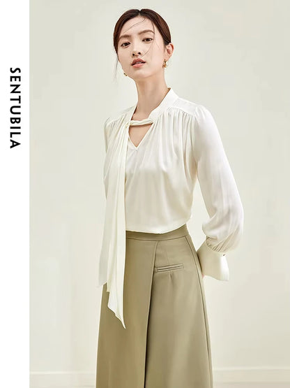 SENTUBILA Bow Tie Shirts & Blouses Elegant Chiffon Blouse V Neck