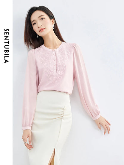 SENTUBILA Embroidery Pink Chiffon Shirts Blouse