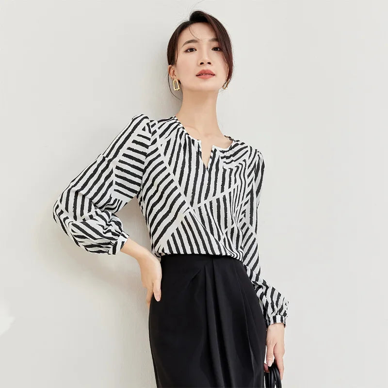 SENTUBILA Women Elegant Print Chiffon Blouses Striped Round Neck Puff Sleeve