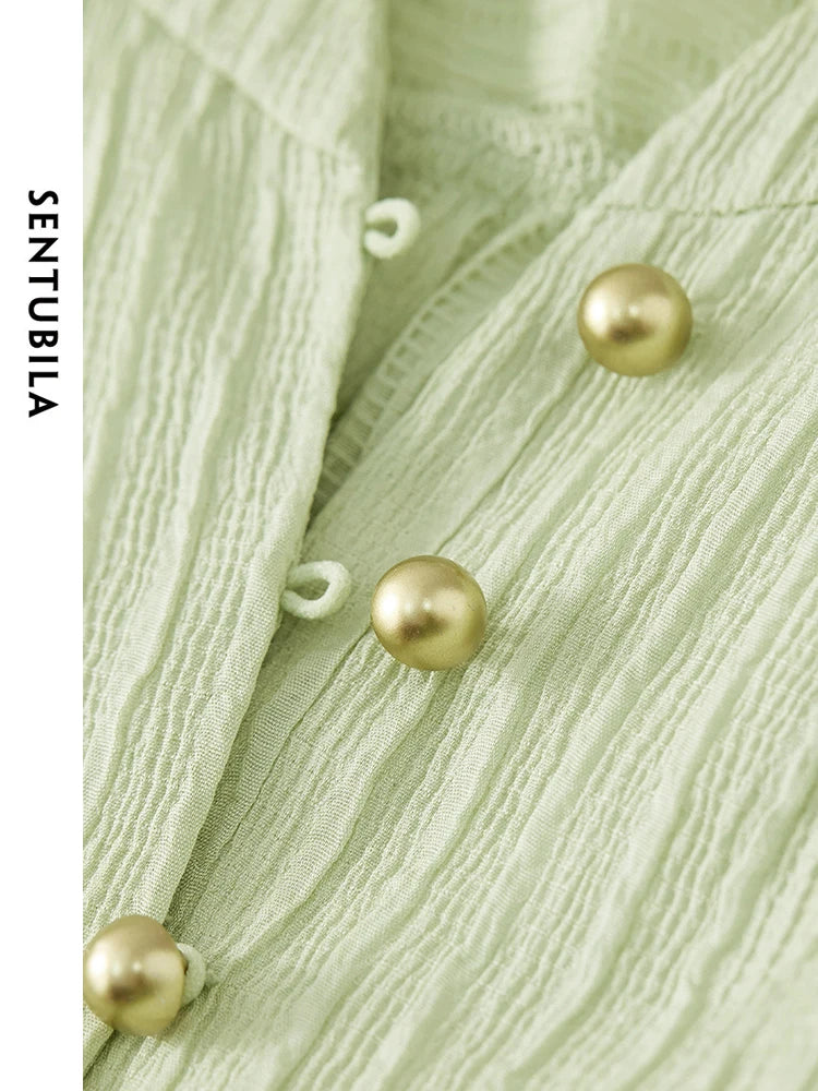 SENTUBILA Button Up Blouse Light Green Elegant Stand Collar