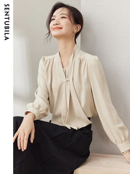 SENTUBILA Office Lady Chiffon Blouses Elegant Blouse New Pearl Button